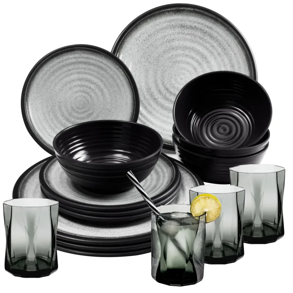 Melamin Geschirr Set für 4 Personen Grau Granit-Optik 16 Teile - mit grauen Trinkgläsern 300 ml - Campinggeschirr Geschirr...
