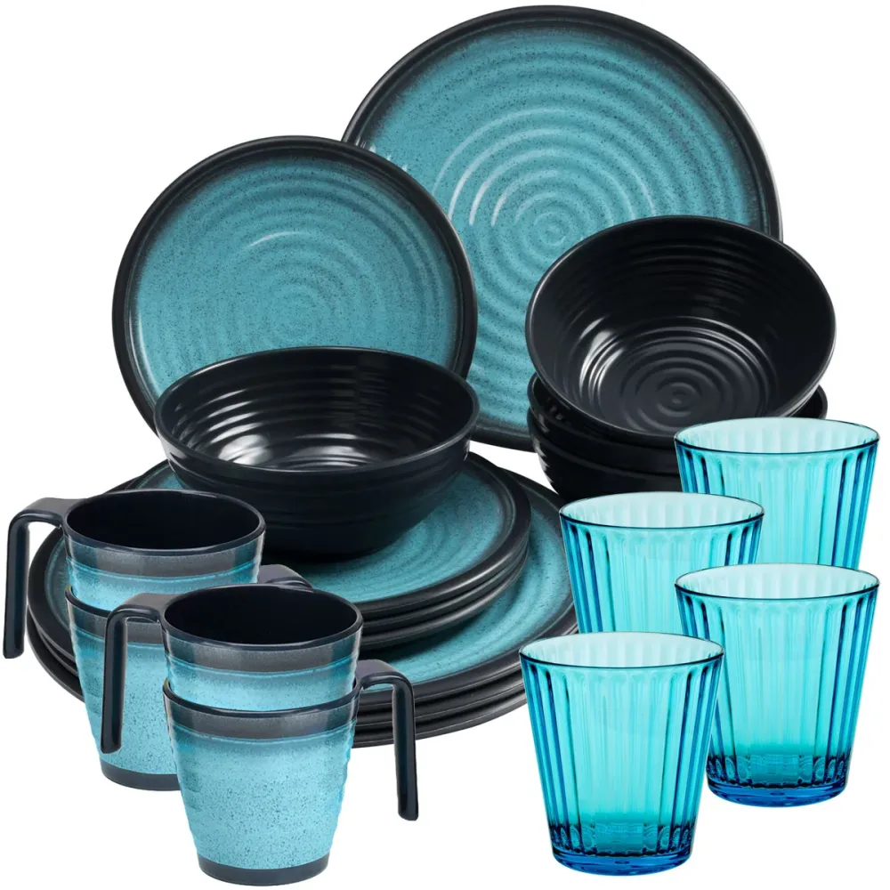 Melamin Geschirrset für 4 Personen blau schwarz - 20 Teile - mit Tassen und blauen Trinkgläsern 360 ml Campinggeschirr Ess...