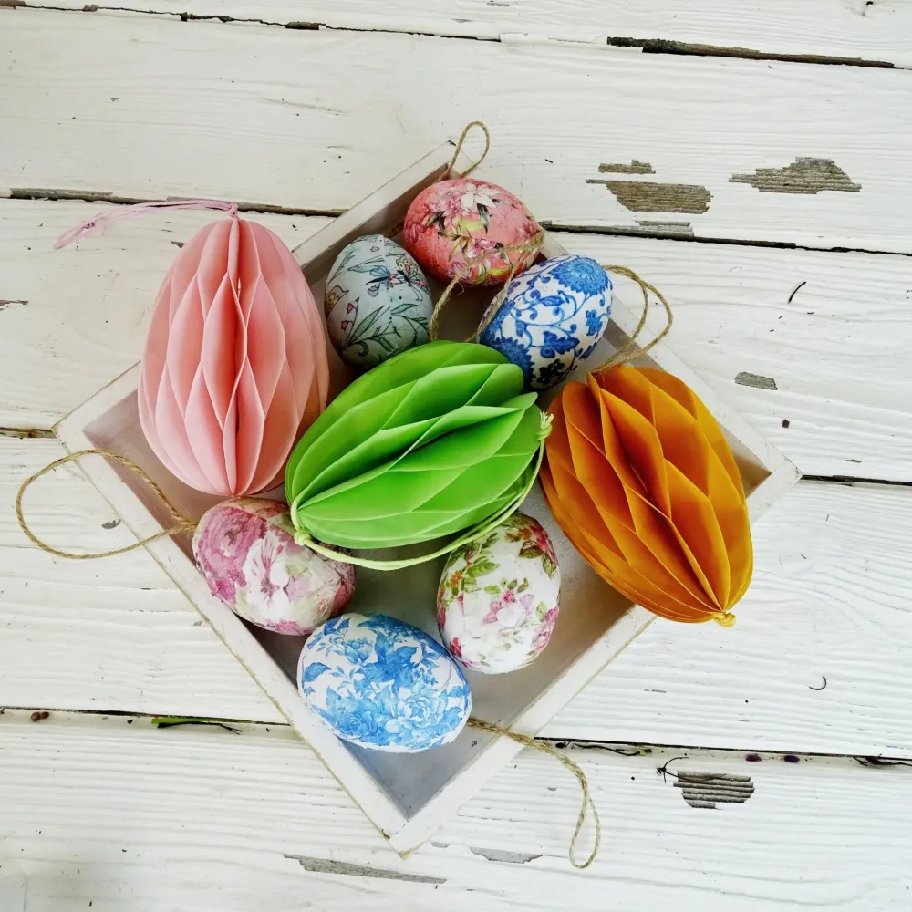 6 Nostalgie Ostereier blau rosa floral künstliche Deko Eier Anhänger bunt