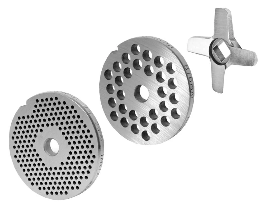 WOLFCUT - Fleischwolfscheibensatz 2 mm + 6 mm Bohrung und ein Kreuzmesser kompatibel mit allen gängigen Fleischwolf Marken...