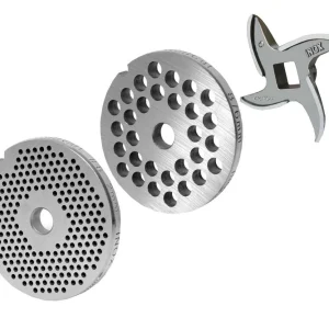 WOLFCUT - Fleischwolfscheibensatz 2 mm + 6 mm Bohrung und ein Sichelmesser kompatibel mit allen gängigen Fleischwolf Marke...