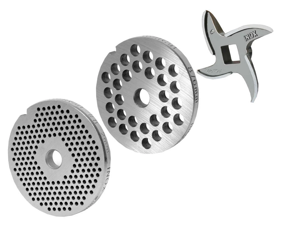 WOLFCUT - Fleischwolfscheibensatz 2 mm + 6 mm Bohrung und ein Sichelmesser kompatibel mit allen gängigen Fleischwolf Marke...