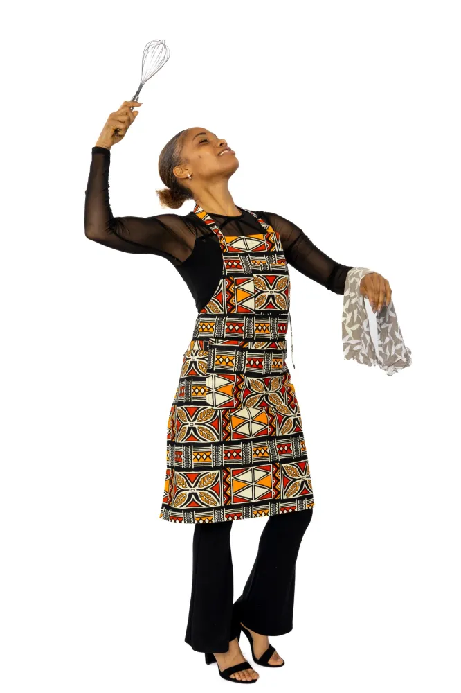 Afrikanischer Print Schürze - Rot Orange Bogolan Symbols