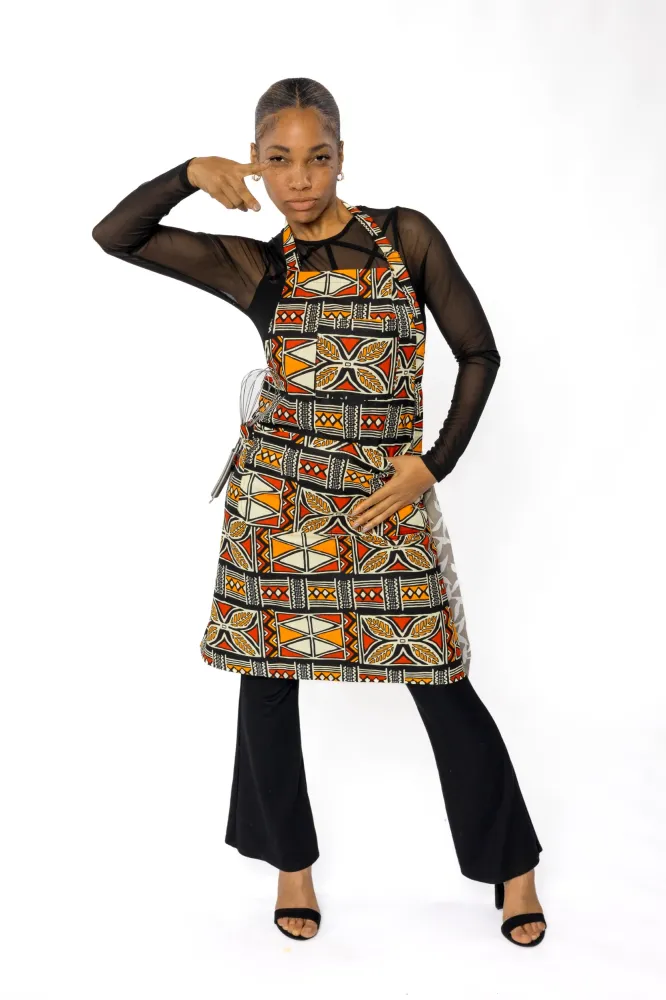 Afrikanischer Print Schürze - Rot Orange Bogolan Symbols