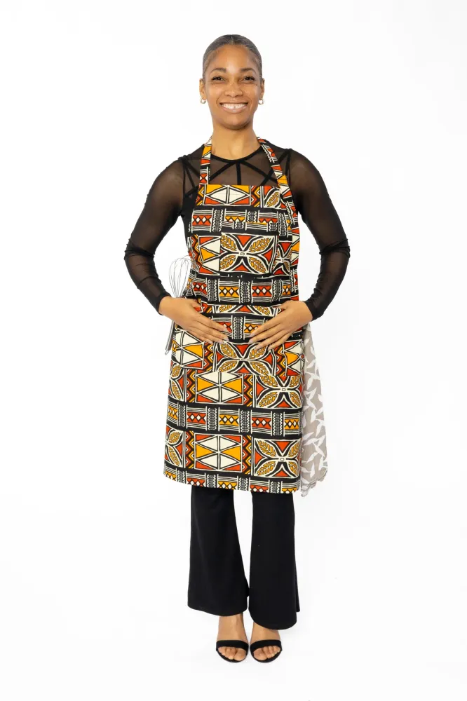 Afrikanischer Print Schürze - Rot Orange Bogolan Symbols