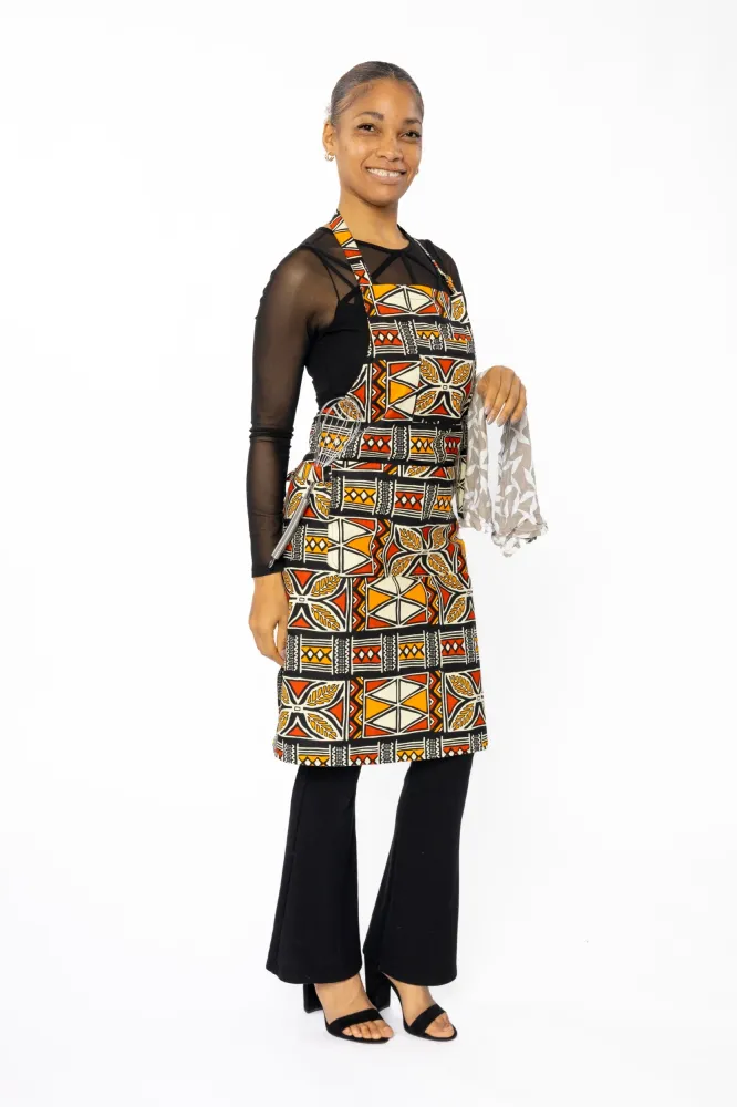 Afrikanischer Print Schürze - Rot Orange Bogolan Symbols