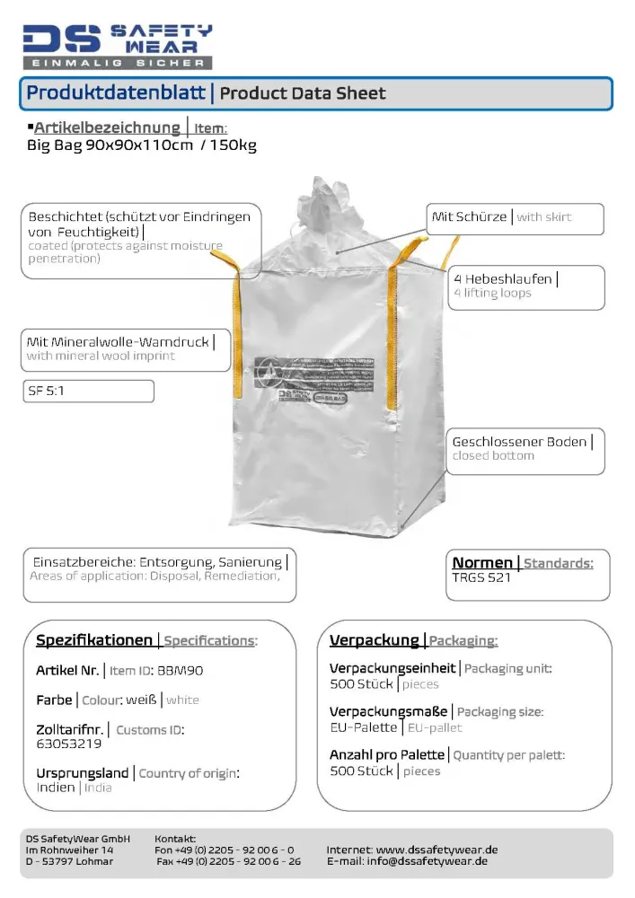 MINERALWOLLE Big Bag für 90x90x110cm TRGS 521 KMF Entsorgung Dämmwolle Glaswolle Mineralwolle 150kg mit Schürze verschließbar
