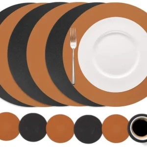 Cookinglife 6 Platzsets + 6 Untersetzer - Doppelseitig - Rund - Veganes Leder - Schwarz / Cognac - 12 Stück
