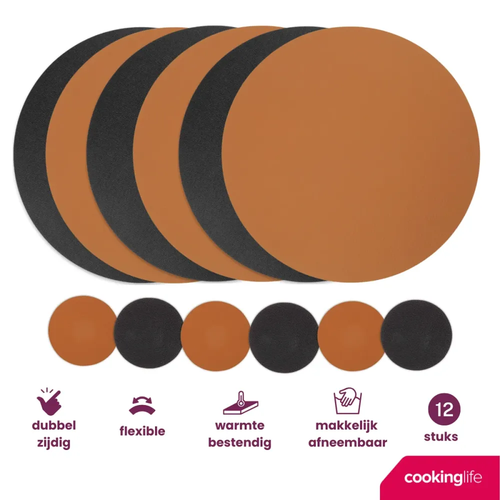 Cookinglife 6 Platzsets + 6 Untersetzer - Doppelseitig - Rund - Veganes Leder - Schwarz / Cognac - 12 Stück