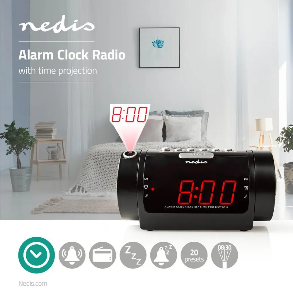 Digital-Wecker-Radio | LED-Anzeige | Zeitprojektion | AM / FM | Snooze-Funktion | Sleep Timer | Anzahl Alarme: 2 | Schwarz