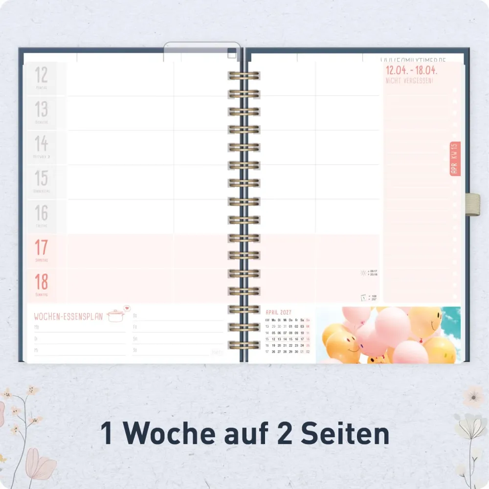 Family-Timer Deluxe 2026/2027 / 17 Monate / A5 / Flower Joy blue / Häfft-Verlag