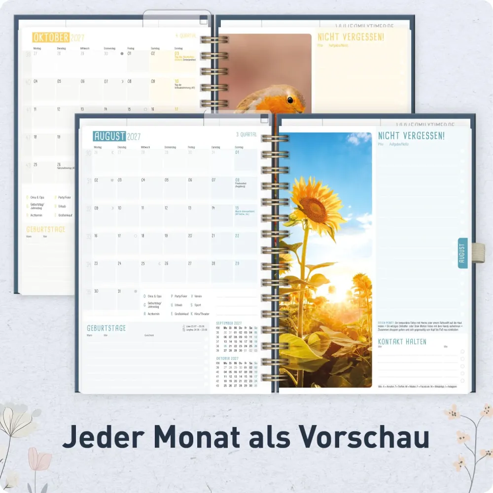 Family-Timer Deluxe 2026/2027 / 17 Monate / A5 / Flower Joy blue / Häfft-Verlag