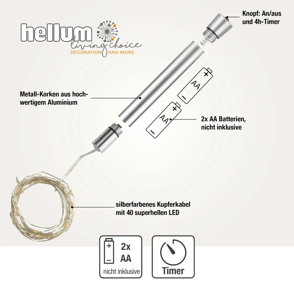 Hellum LED Flaschenlichterkette, 40 LEDs, Timer, Metallkorken, Batterie, 2-er Set 150605