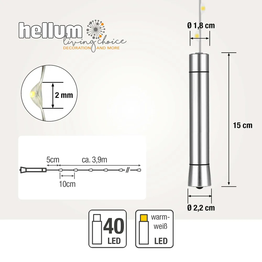 Hellum LED Flaschenlichterkette, 40 LEDs, Timer, Metallkorken, Batterie, 2-er Set 150605