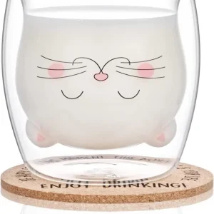 Joymaking Katze Glas Tasse Doppelwandig Untersetzer