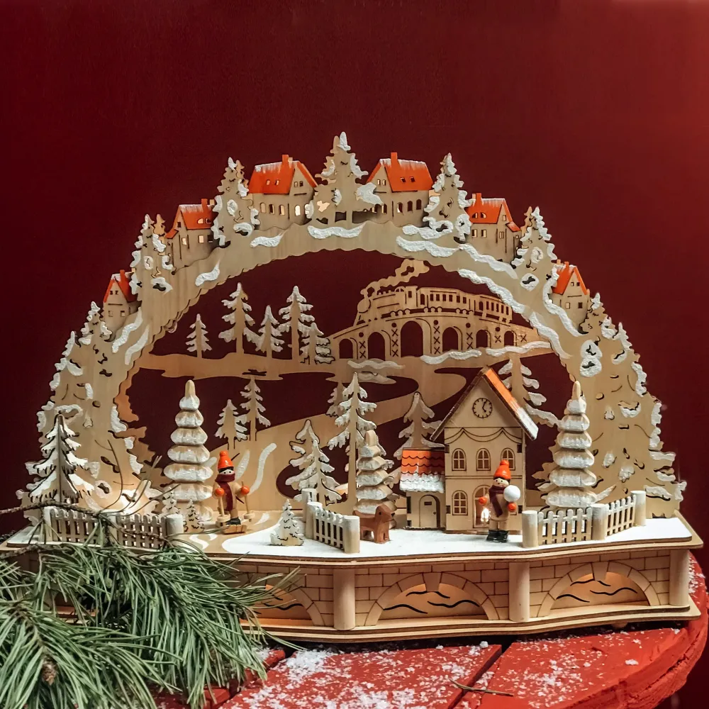 LED-Holzleuchter „Winterliche Dorfszene mit Eisenbahn“, mit 6h-Timer, batteriebetrieben #1_525007