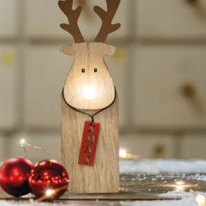 LED-Holz-Rentier mit leuchtender Nase, 1 LED ww, mit 6 h Timer, batteriebetrieben
