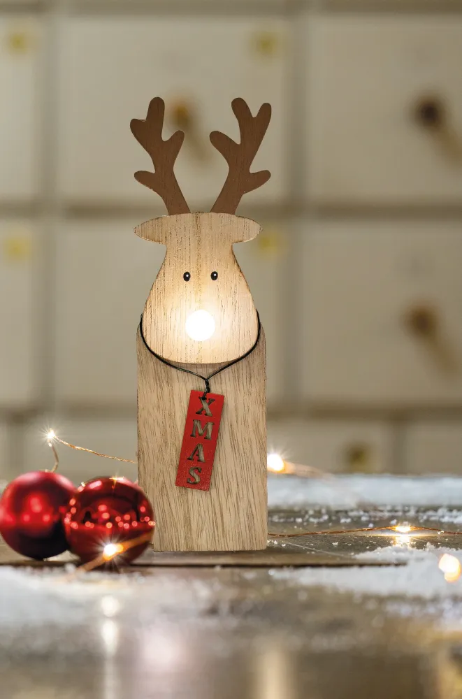 LED-Holz-Rentier mit leuchtender Nase, 1 LED ww, mit 6 h Timer, batteriebetrieben