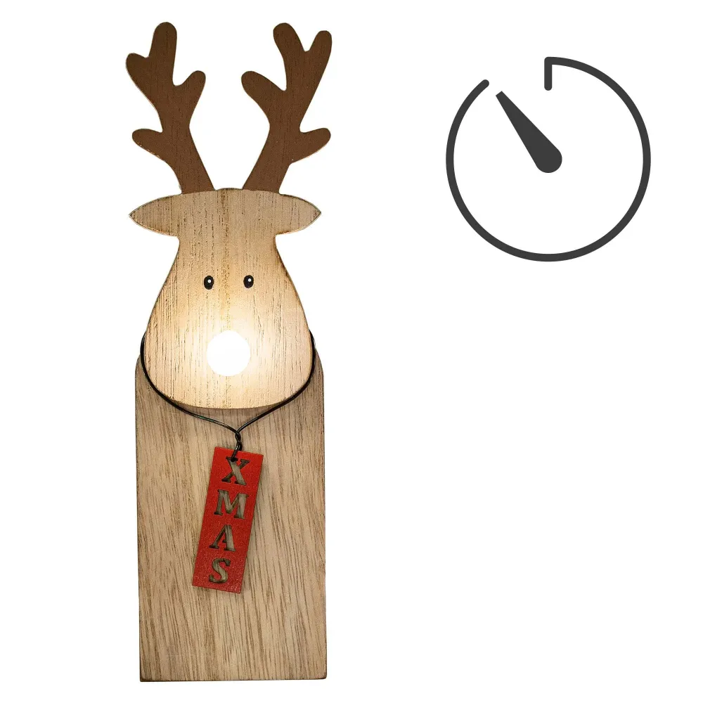 LED-Holz-Rentier mit leuchtender Nase, 1 LED ww, mit 6 h Timer, batteriebetrieben