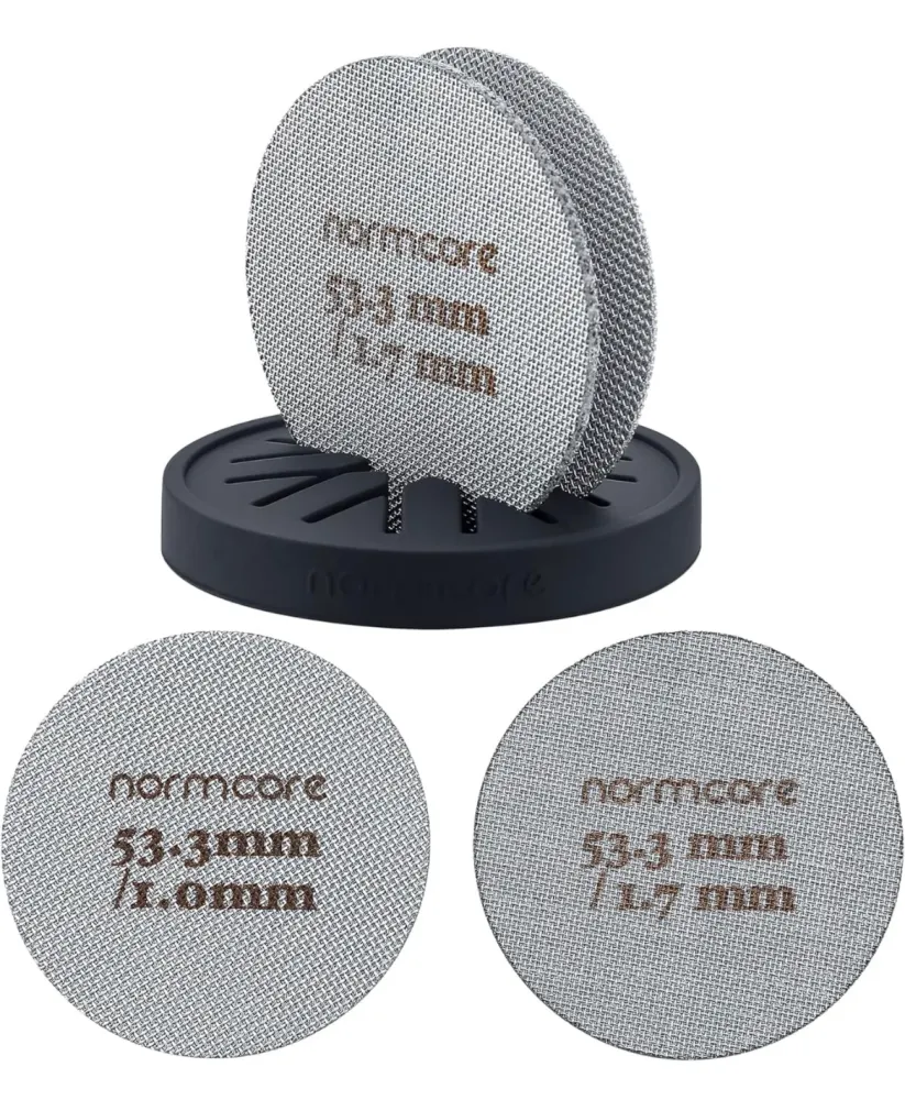 Normcore Premium Puck-Sieb, Puck Screen, 53.3 mm, 2 Stück, mit Ständer