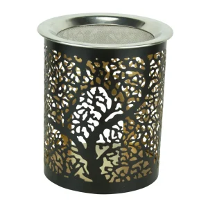 Räuchergefäß Metall mit Sieb - Baum-Motiv, Schwarz/Gold, 10cm