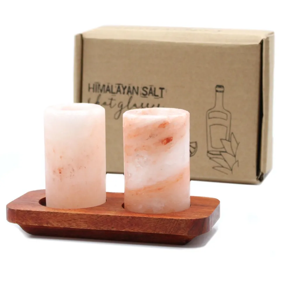 Shotgläser-Set aus Himalaya-Salz mit Holzständer – 2er Set
