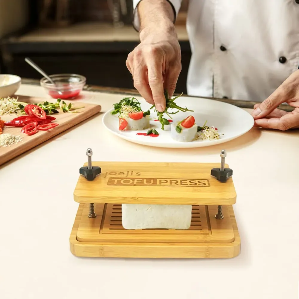 Tofu Presse - Bambus Holz Tofupresse Mit Unterboden -Tofu-Sieb und Abtropfschale