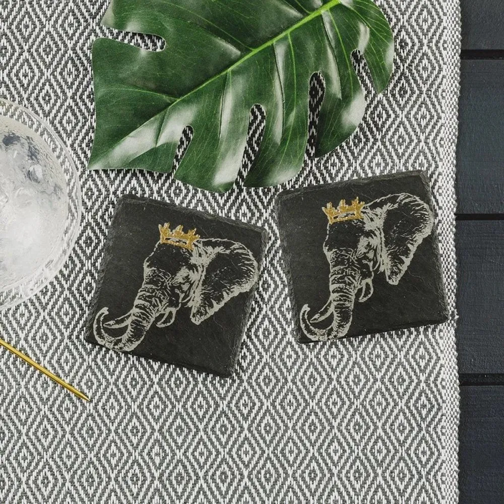 Untersetzer Elefant mit goldener Krone - Graviert - Schiefer - Just Slate Company Schottland