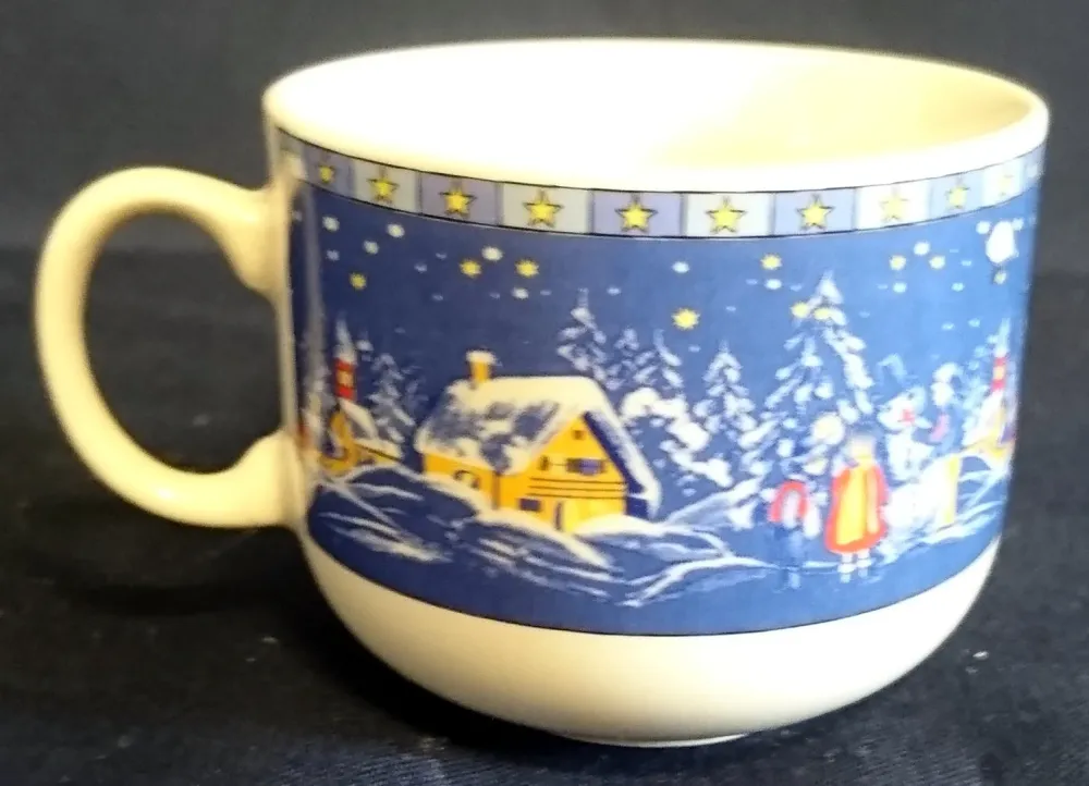 2er Set KAFFEETASSEN - Porzellan, Weihnachten Advent Schnee Dorf Haus Tannenbaum Sterne Motiv Dekor, Wellco Design