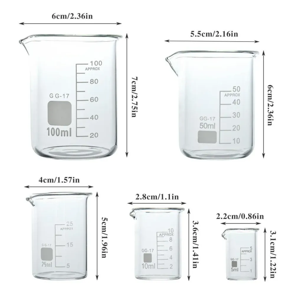 BUYGOO Labor Becherglas Messbecher Set 5ml 10ml 25ml 50ml 100ml Borosilikatglas