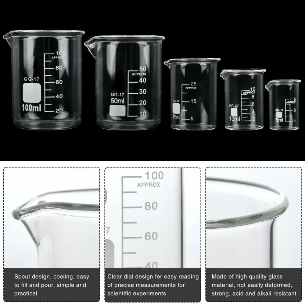 BUYGOO Labor Becherglas Messbecher Set 5ml 10ml 25ml 50ml 100ml Borosilikatglas