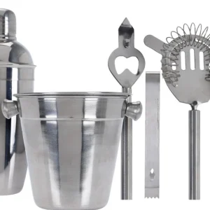 Cookinglife Barset RVS 6-teilig - Cocktailshaker, Eiseimer, Sieb, Flaschenöffner, Zange und Messer