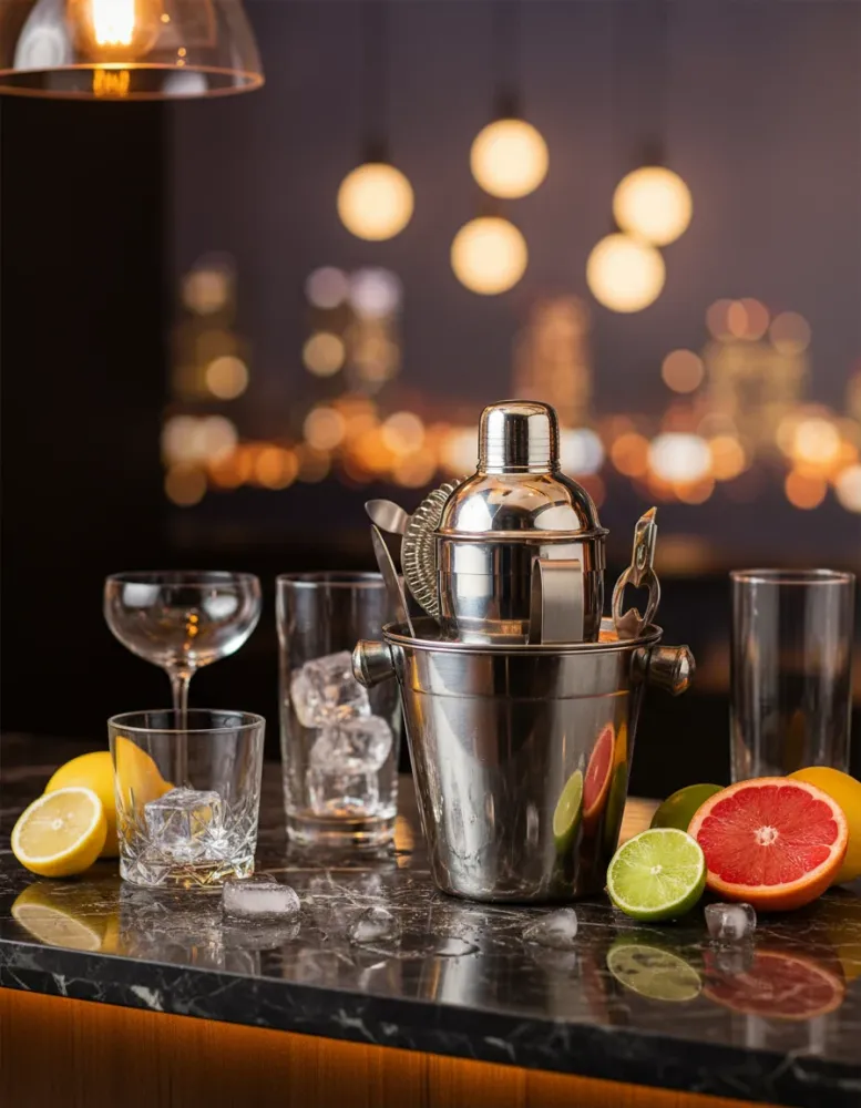 Cookinglife Barset RVS 6-teilig - Cocktailshaker, Eiseimer, Sieb, Flaschenöffner, Zange und Messer