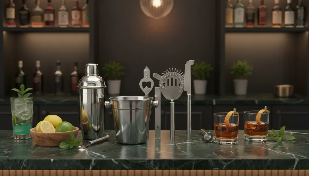 Cookinglife Barset RVS 6-teilig - Cocktailshaker, Eiseimer, Sieb, Flaschenöffner, Zange und Messer