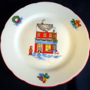 DESSERTTELLER - Porzellan, Kinder Haus im Schnee Motiv Linienrand Dekor