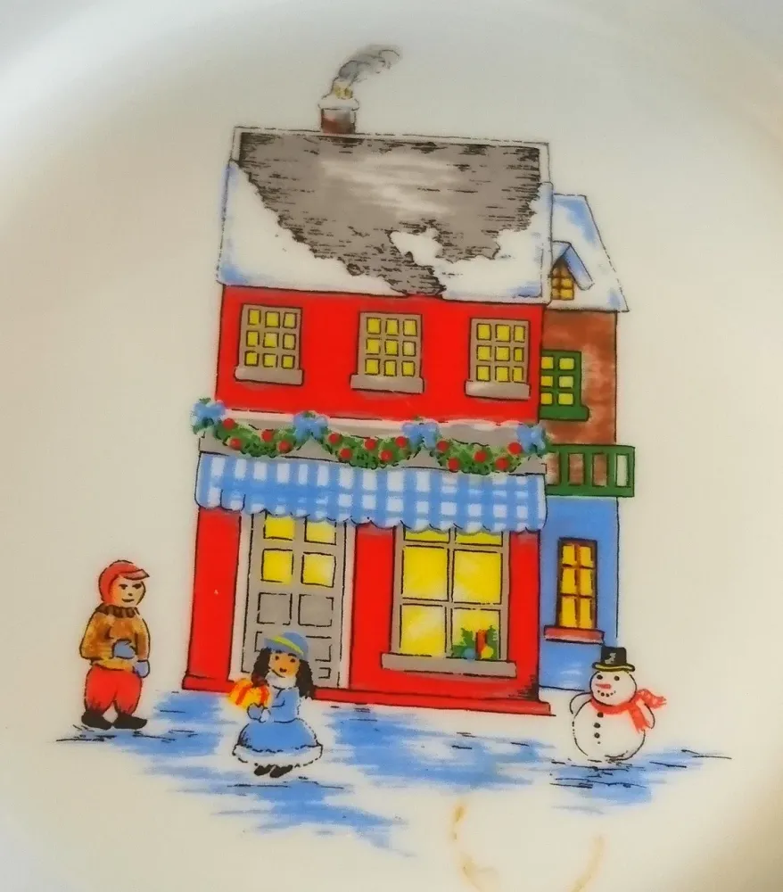 DESSERTTELLER - Porzellan, Kinder Haus im Schnee Motiv Linienrand Dekor