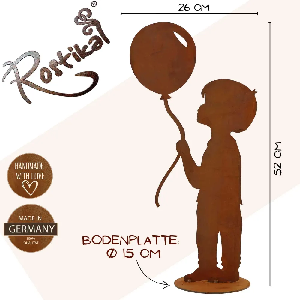 Junge mit Luftballon | Edelrost Gartendeko Figur - Entzückende Rost Deko für Garten und Haus