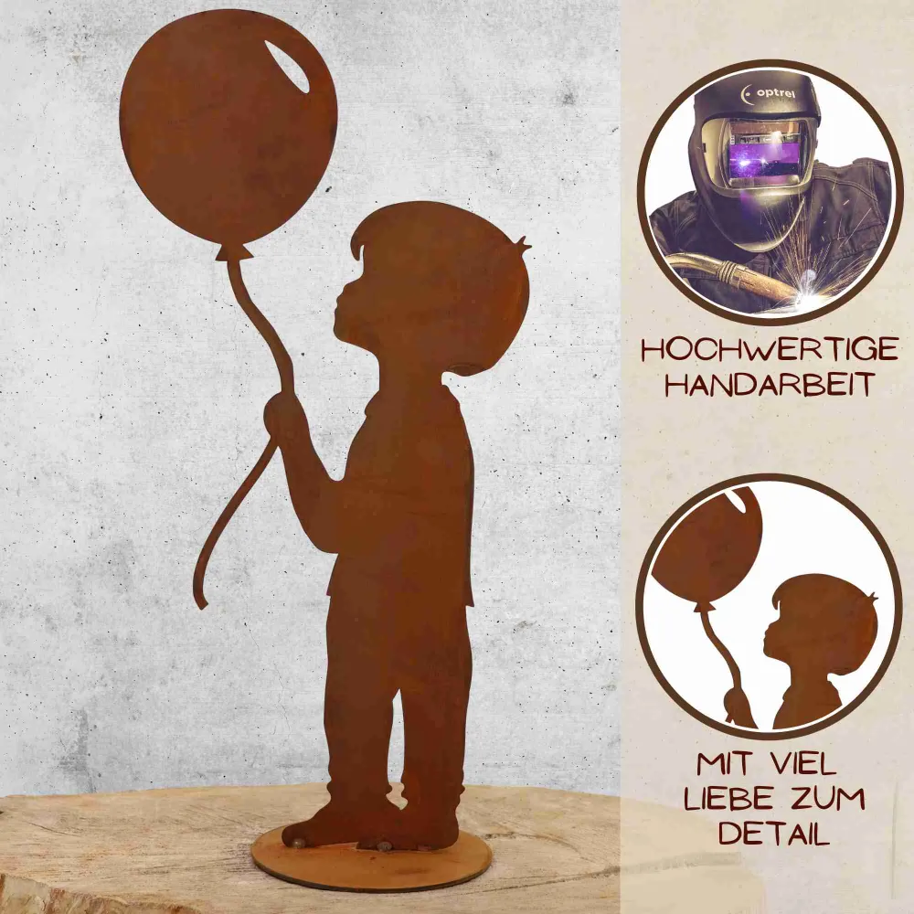 Junge mit Luftballon | Edelrost Gartendeko Figur - Entzückende Rost Deko für Garten und Haus