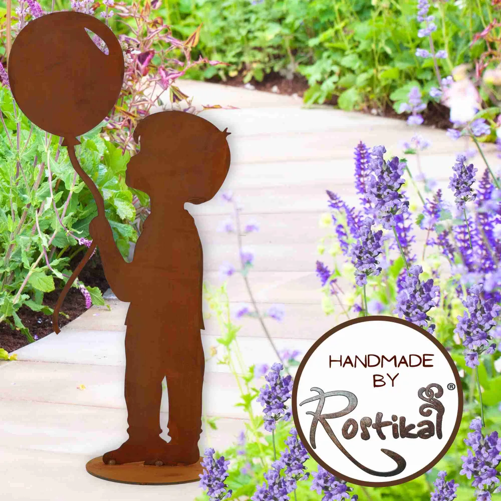Junge mit Luftballon | Edelrost Gartendeko Figur - Entzückende Rost Deko für Garten und Haus