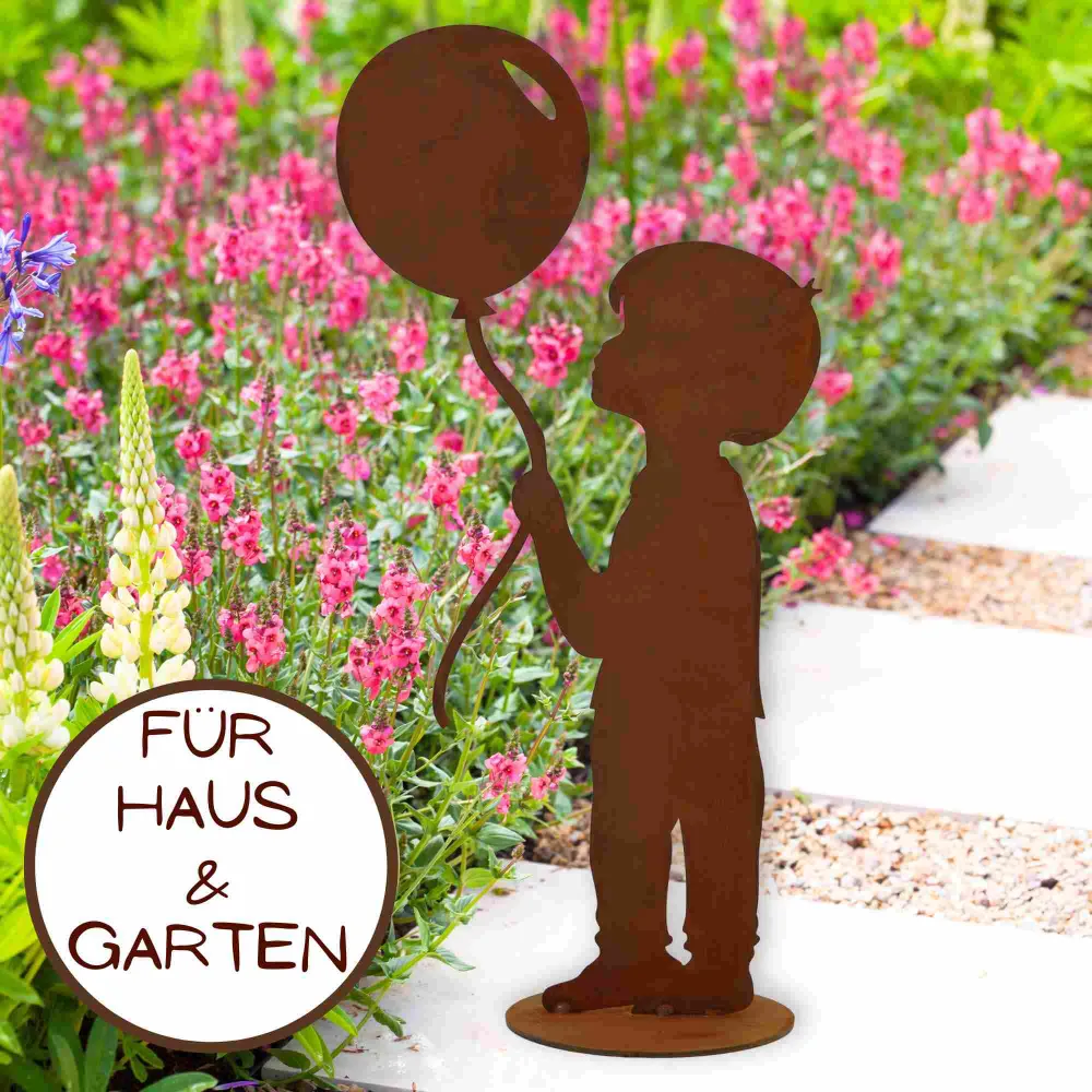 Junge mit Luftballon | Edelrost Gartendeko Figur - Entzückende Rost Deko für Garten und Haus