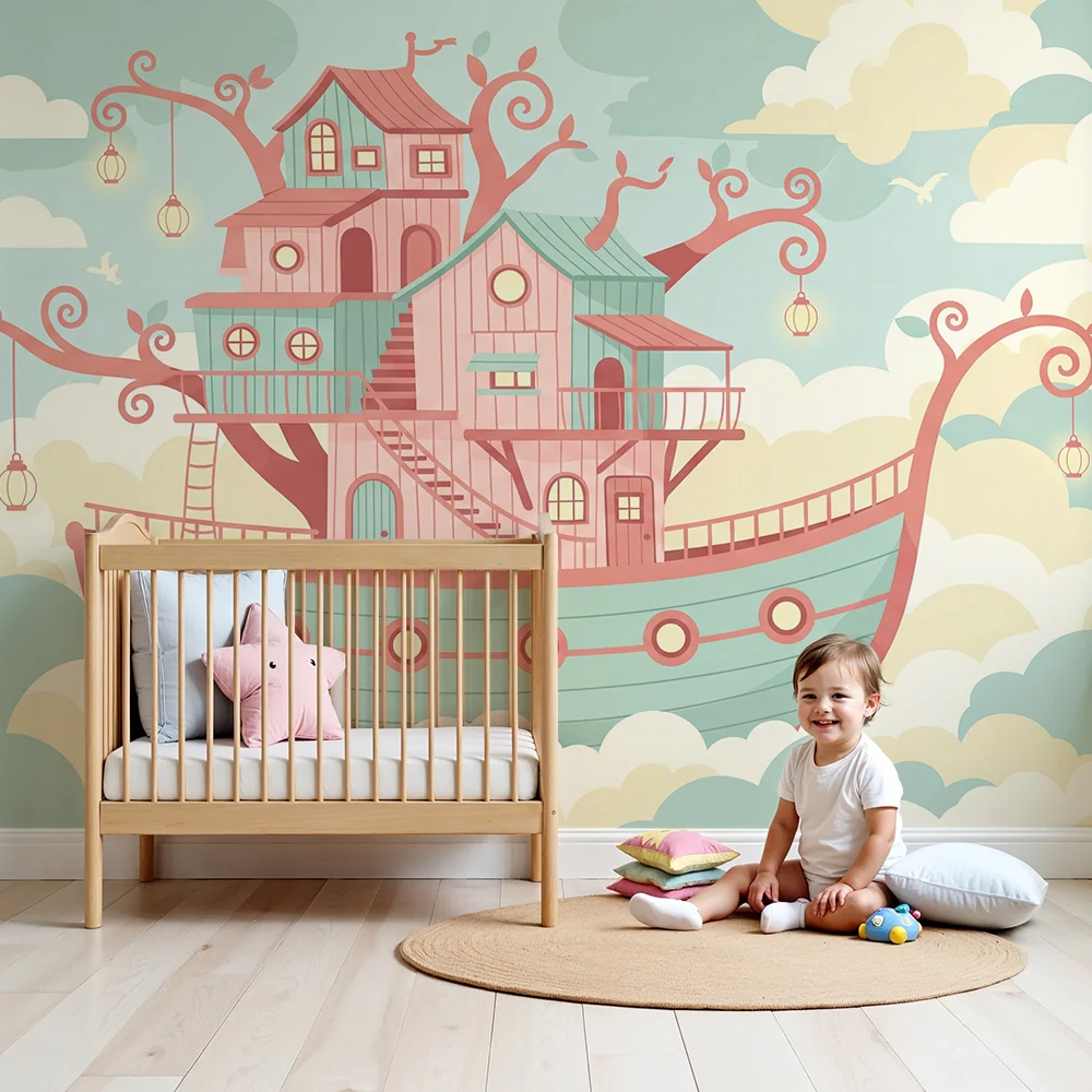 Kinderzimmer Tapete | Haus den Wolken mit einem magischen Boot