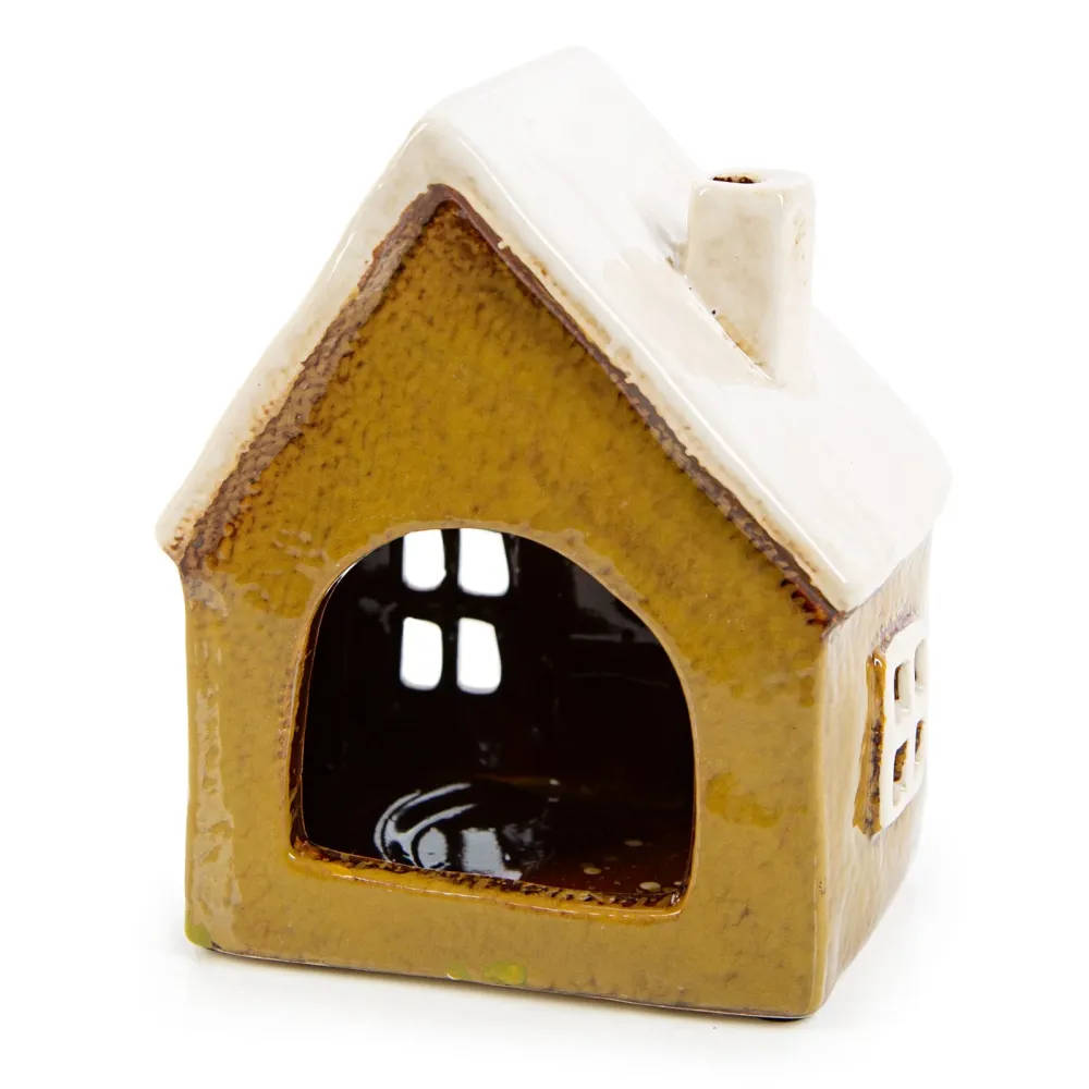 Kleines Haus Windlicht gelb rot - Hexenhaus aus Steinzeug 13 x 11 cm