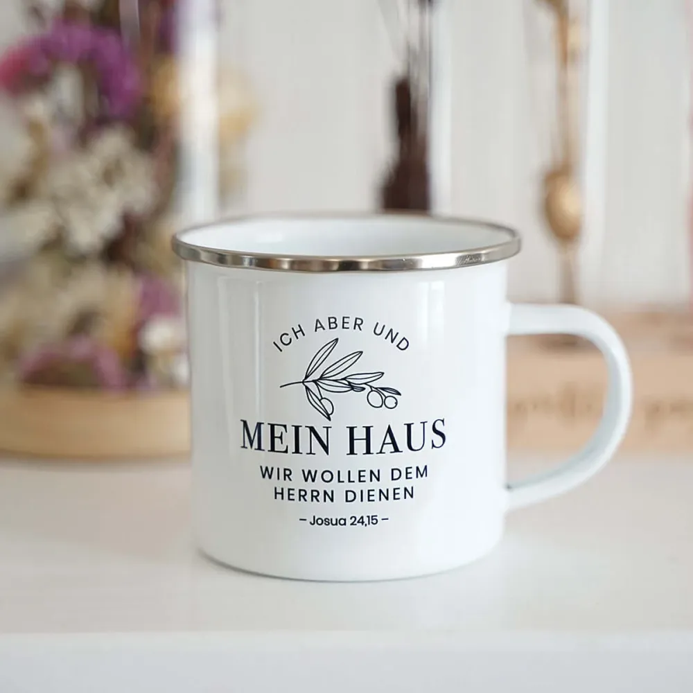Tasse "Mein Haus" Bibelvers · Emaille Becher