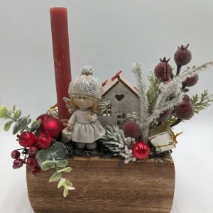 Weihnachtsgesteck Kugel Engel Haus rot