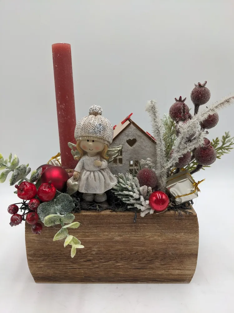Weihnachtsgesteck Kugel Engel Haus rot