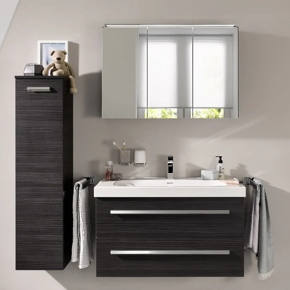 Spiegelschrank L5 | 100 cm mit dimmbarer Leuchte und 3 Türen, Grafit Hochglanz