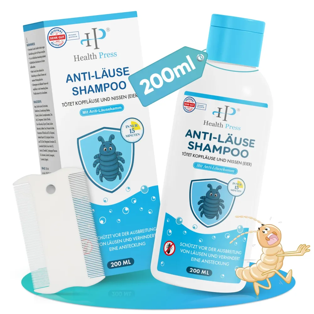 Anti-Läuse-Shampoo – 200 ml Vorteilspackung – Läuse Shampoo inklusive Läusekamm – Läuseshampoo Familienpackung für Erwachs...