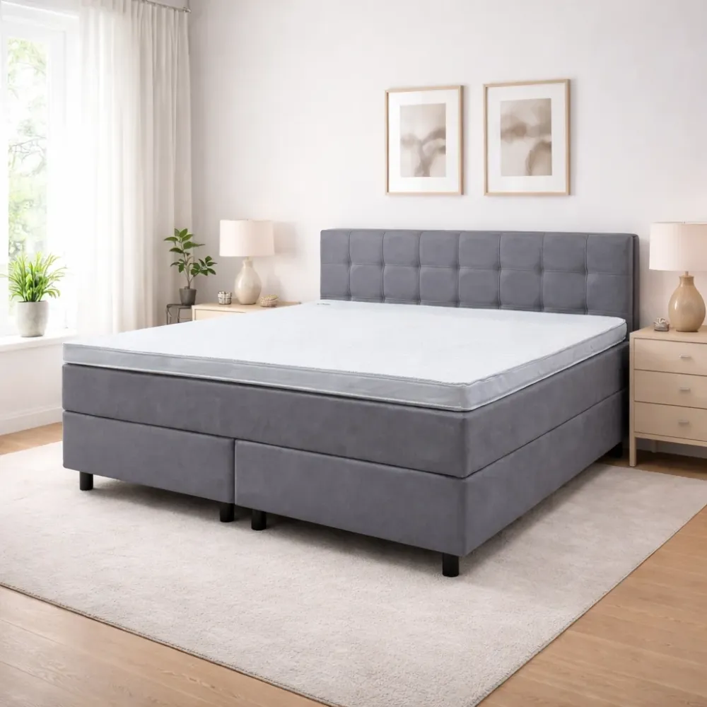 Boxspringbett 200x200 Dunkelgrau Stoff 5 Teilig