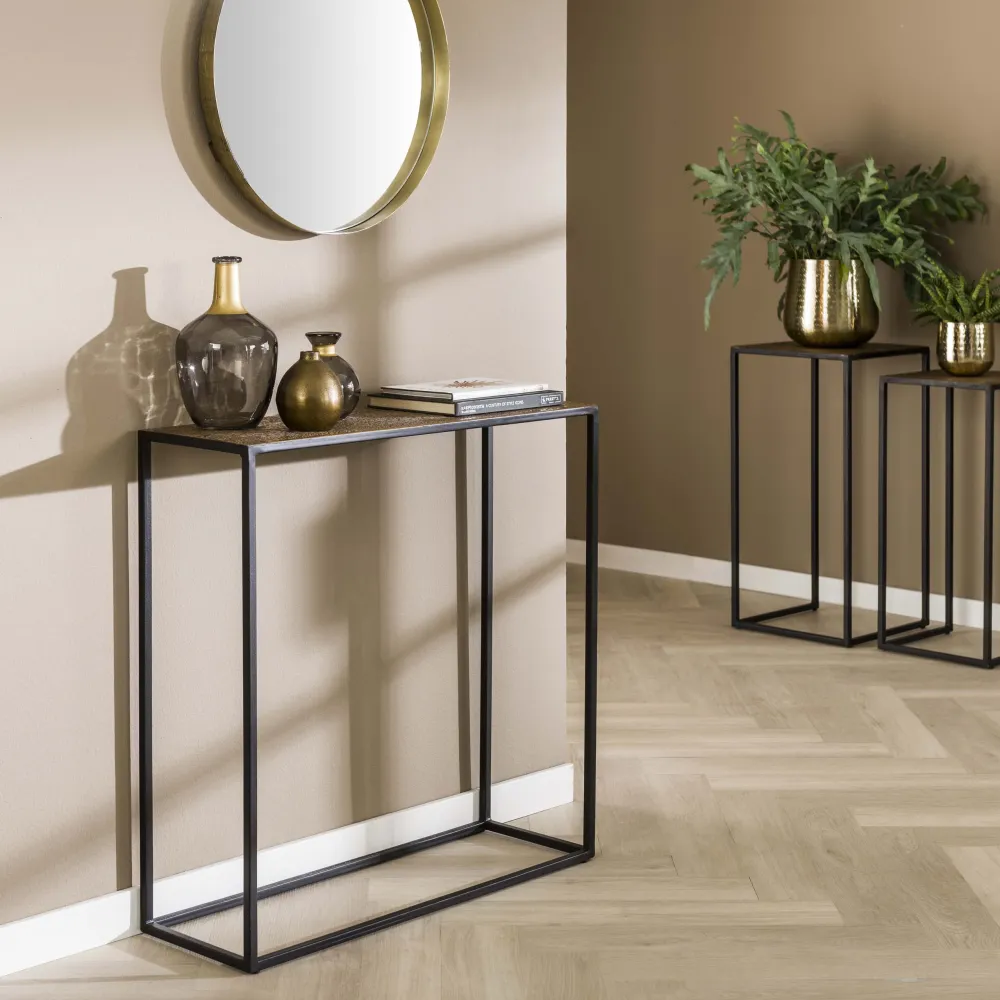 Konsolentisch METALLIC Schmaler Flurtisch mit strukturierter Antikbronze-Platte & Metallgestell 75 cm
