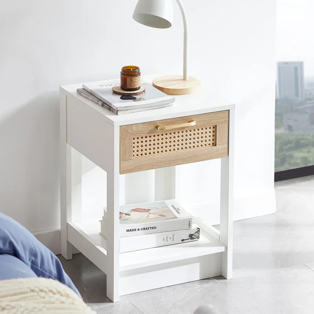 Rattan Beistelltisch Weiß 40x40x55 cm mit Schublade, moderner Nachttisch für Wohnzimmer & Schlafzimmer